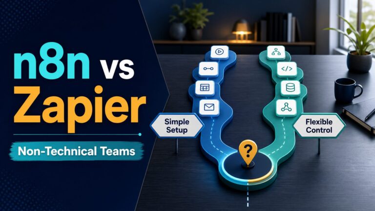 Editorial thumbnail comparing n8n and Zapier for non-technical teams