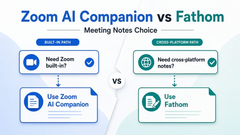Editorial thumbnail comparing Zoom AI Companion and Fathom for meeting notes