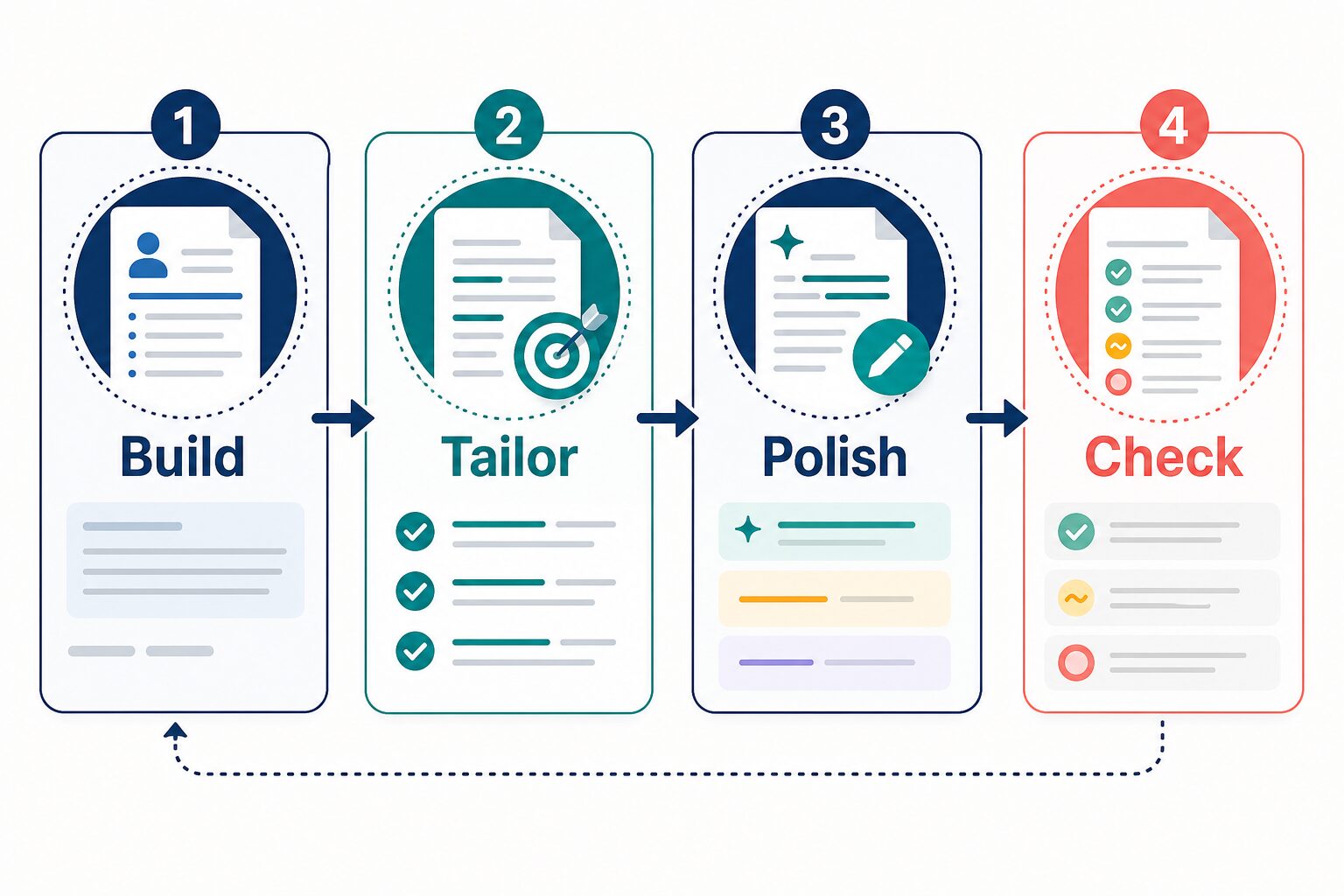 Decision flow showing Build, Tailor, Polish, and Check steps for improving a resume
