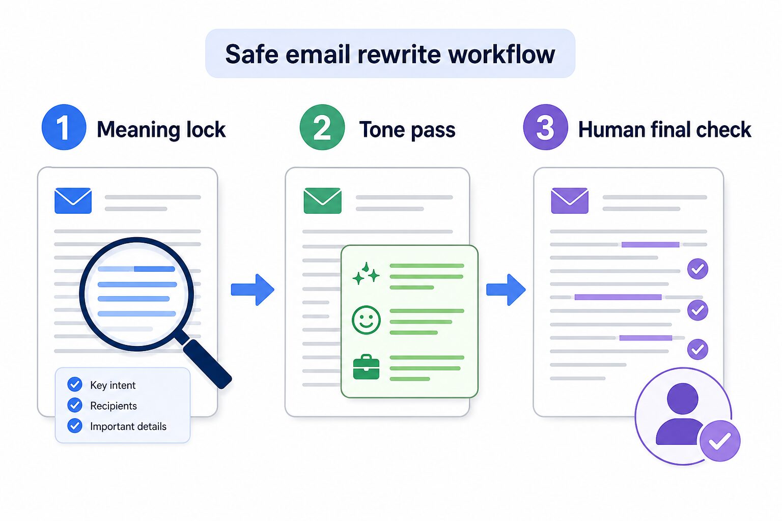 Three-step AI email rewrite workflow: meaning lock, tone pass, and human final check
