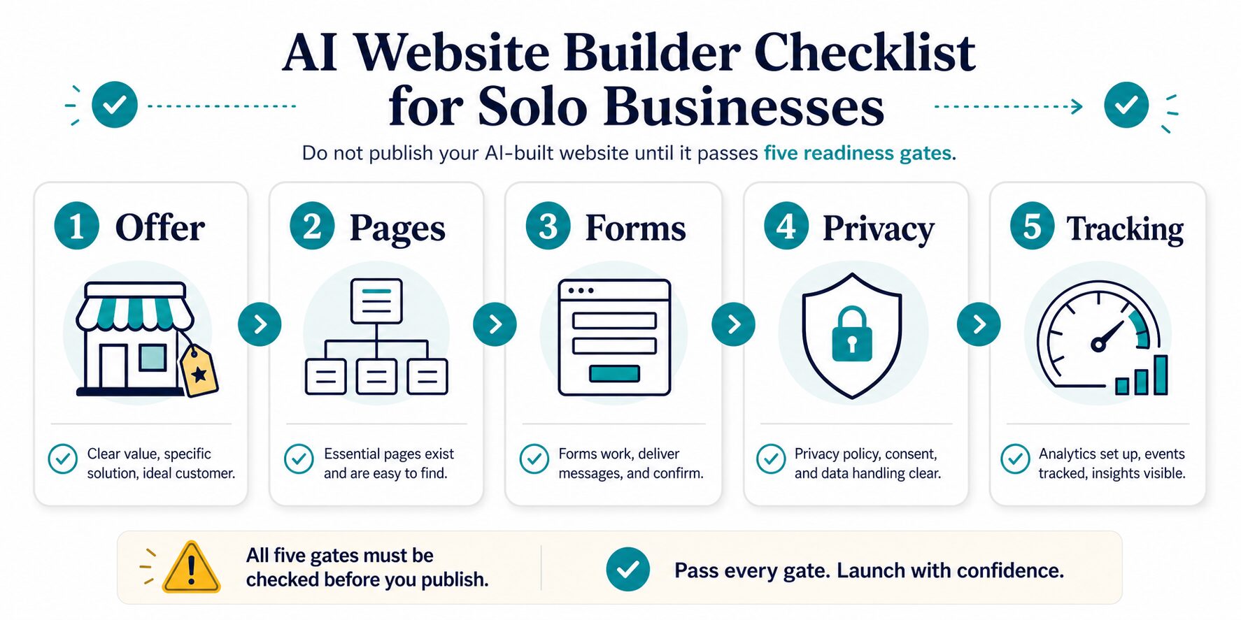 Five readiness gates for an AI-built solo business website: offer, pages, forms, privacy, and tracking