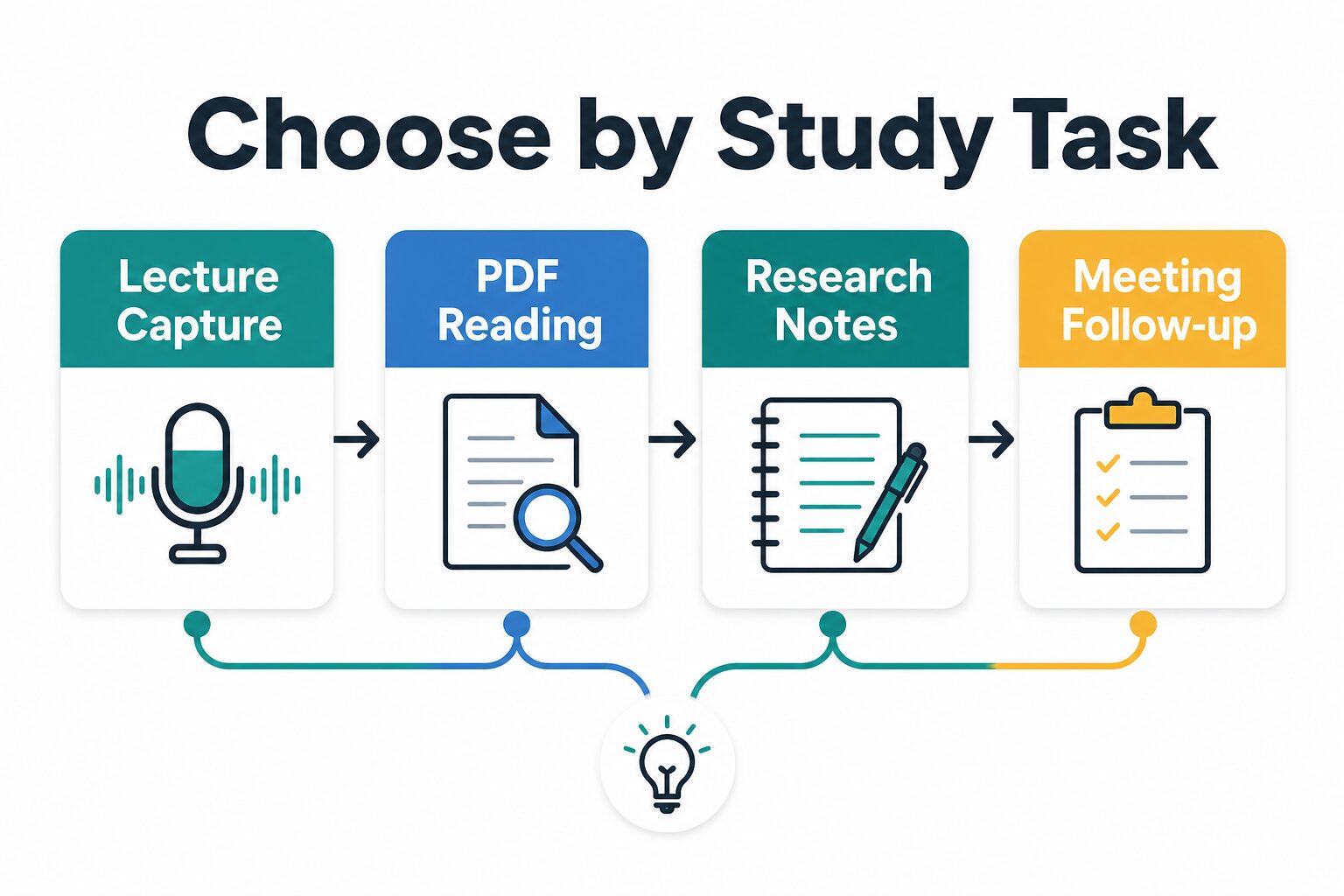 Decision diagram showing lecture capture, PDF reading, research notes, and meeting follow-up tasks