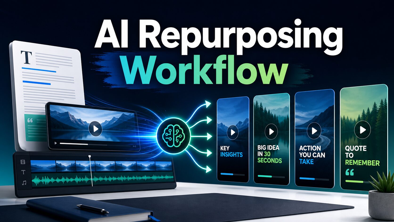 AI repurposing workflow thumbnail showing one source asset transformed into short-video cards