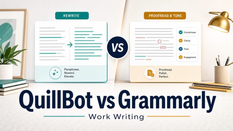 Editorial thumbnail comparing QuillBot rewriting and Grammarly proofreading for work writing