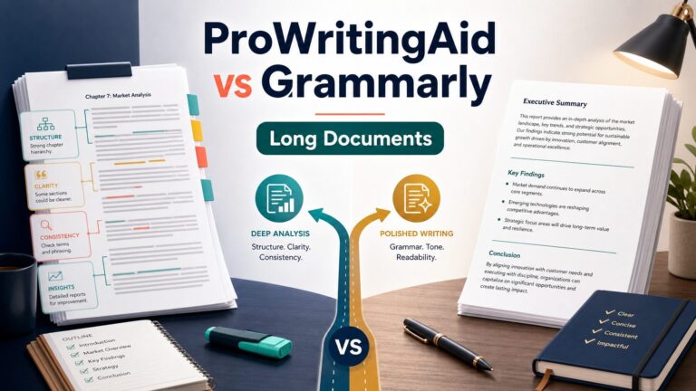 Editorial thumbnail comparing ProWritingAid and Grammarly for long documents