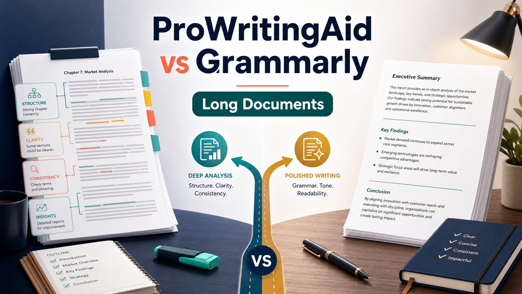Editorial thumbnail comparing ProWritingAid and Grammarly for long documents