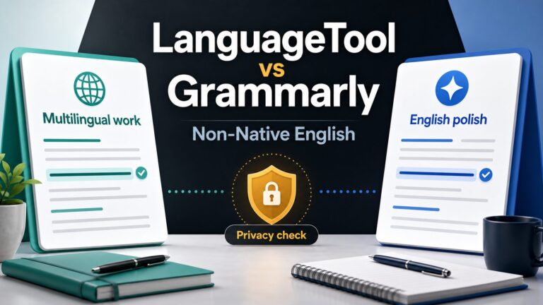 Editorial thumbnail comparing LanguageTool and Grammarly for non-native English professionals