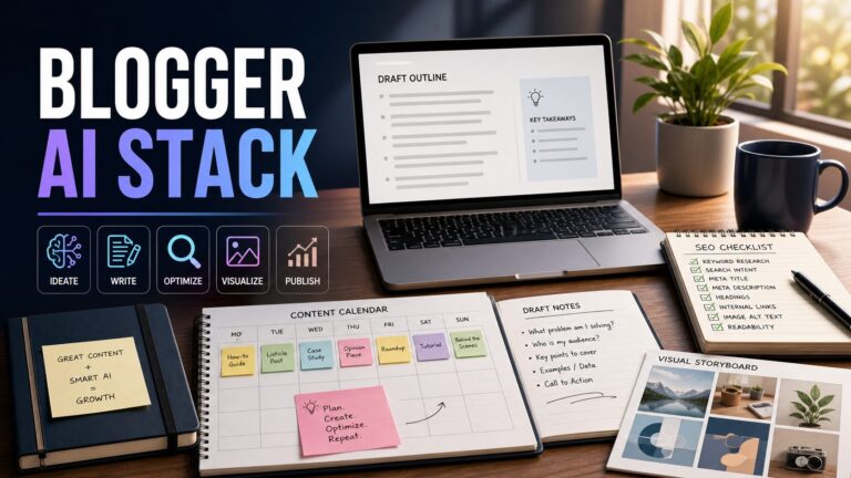 AI blogger toolkit thumbnail with content calendar and SEO checklist
