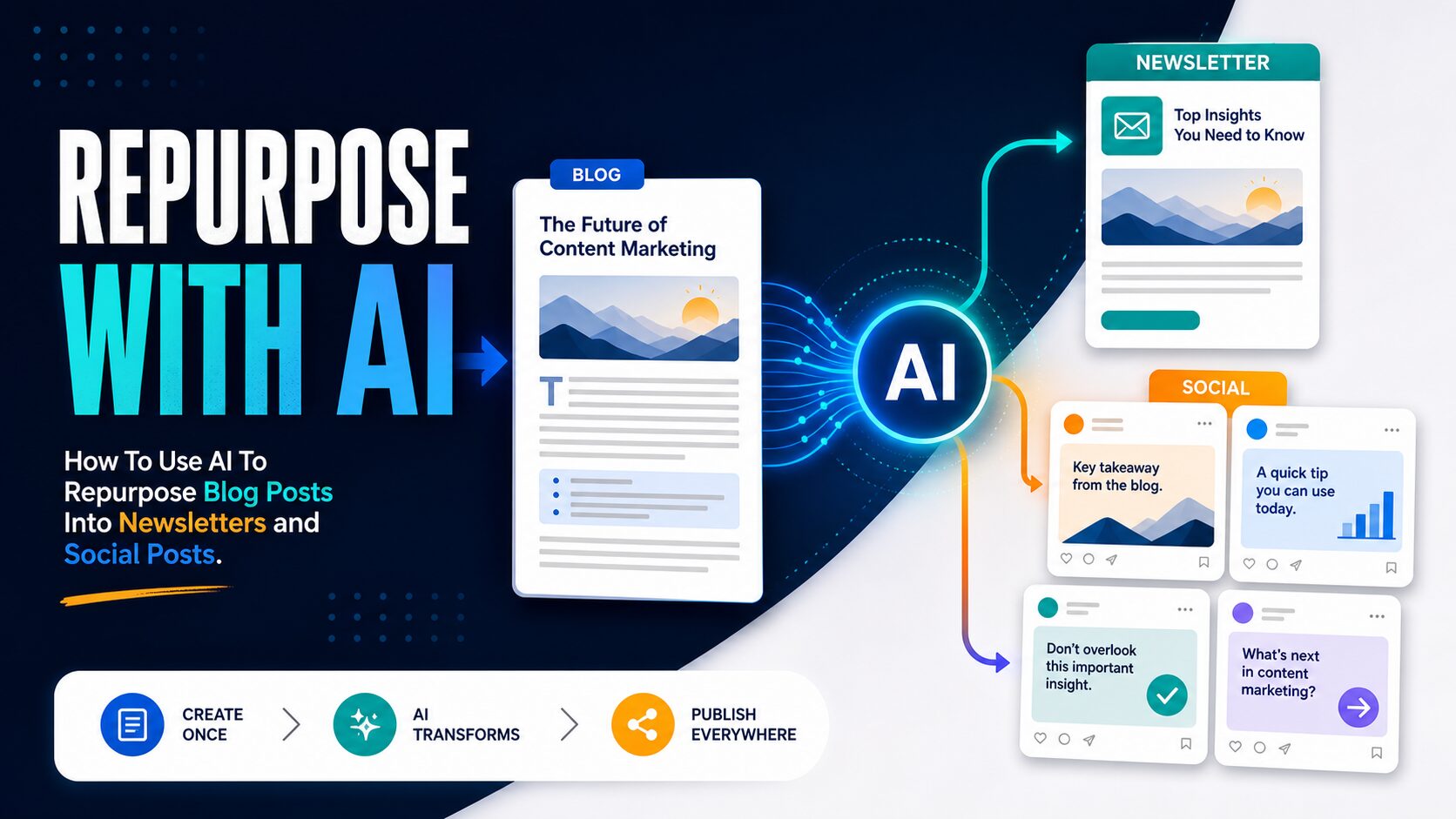 AI content repurposing thumbnail showing a blog post transformed into newsletter and social posts
