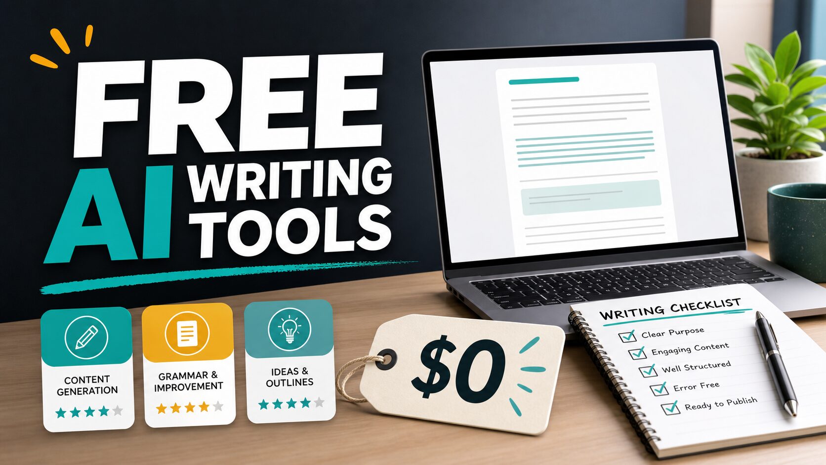 Best free AI writing tools thumbnail with a zero-dollar writing workflow concept