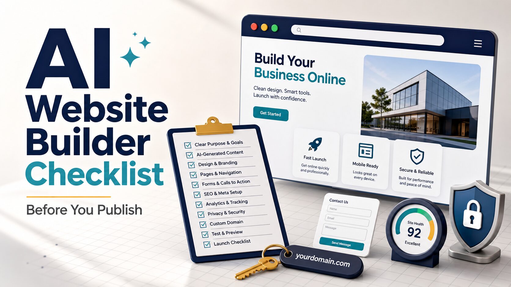 AI website builder checklist thumbnail with website, checklist, domain key, contact form, analytics, and privacy shield