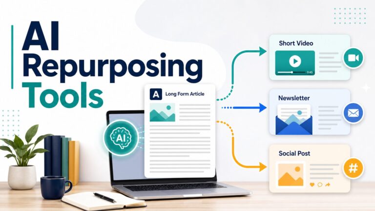 AI content repurposing tools thumbnail showing one article becoming short video, newsletter, and social post formats