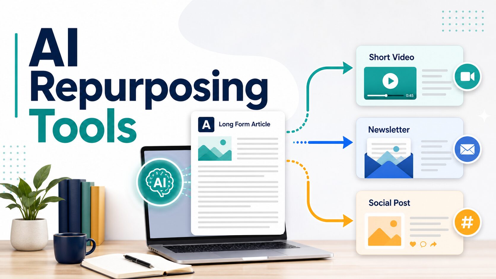 AI content repurposing tools thumbnail showing one article becoming short video, newsletter, and social post formats
