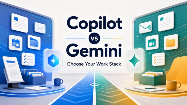 Copilot vs Gemini thumbnail showing two abstract work stacks
