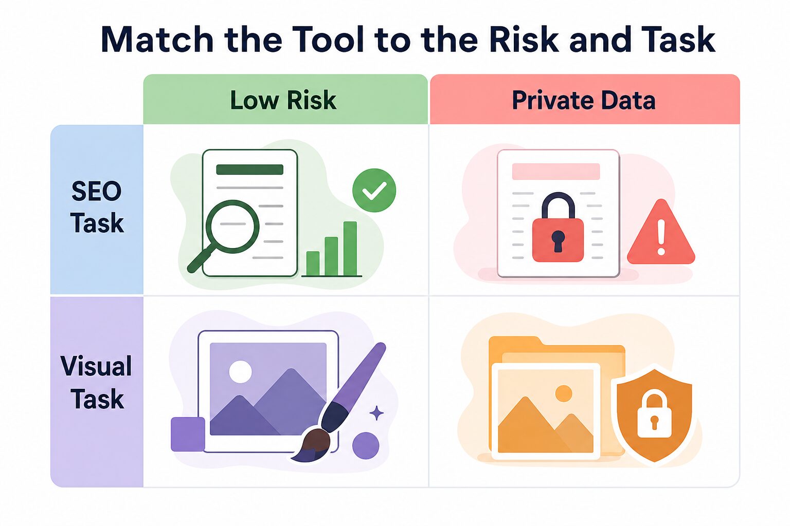 Decision matrix matching blogger AI tools to risk and task type