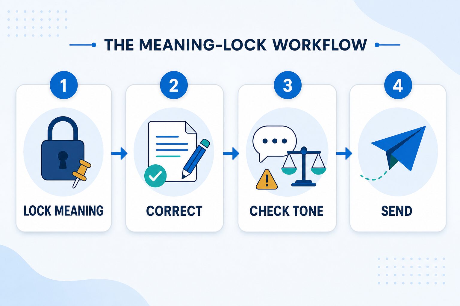 Four-step meaning-lock workflow for using a grammar checker at work: lock meaning, correct, check tone, and send.