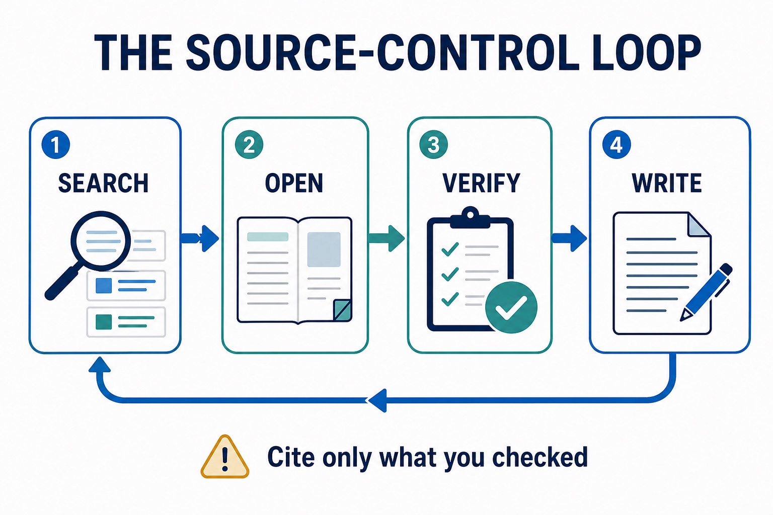Four-step source-control loop for graduate research: search, open, verify, and write only from checked sources.