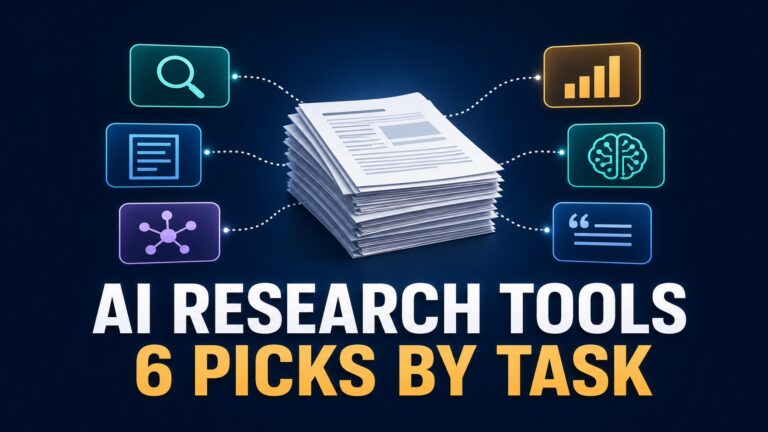 AI research tools organized around a stack of graduate research papers, with six tool cards grouped by task.