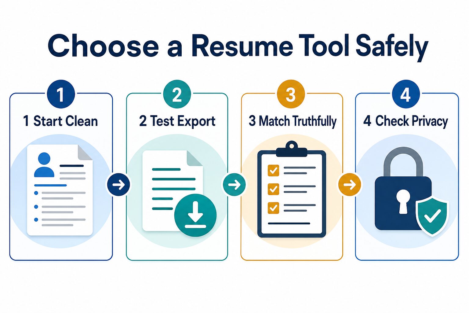 Four-step flow for choosing a resume tool safely: start clean, test export, match truthfully, and check privacy
