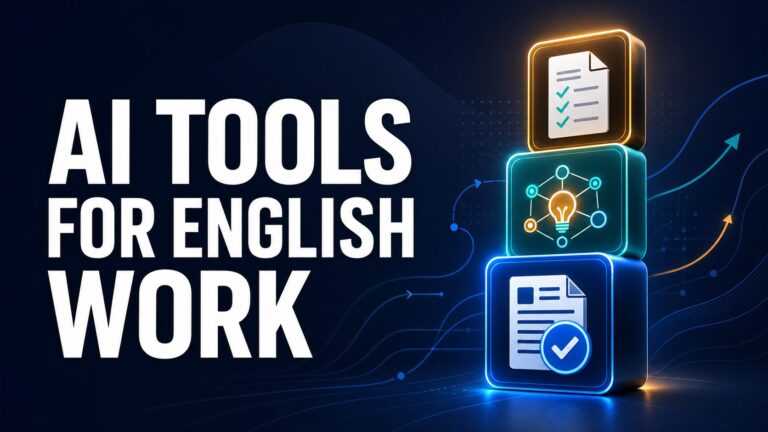 AI tools for English work shown as a compact three-part professional stack