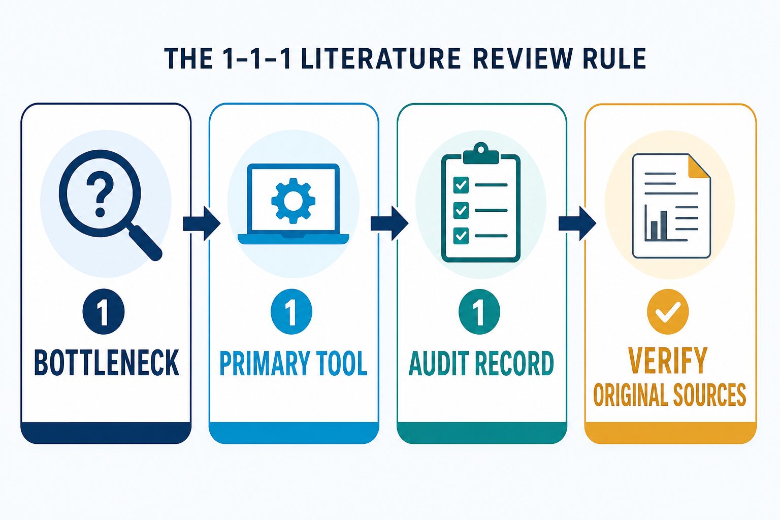 The 1-1-1 literature review rule: one bottleneck, one primary tool, one audit record, then verify original sources