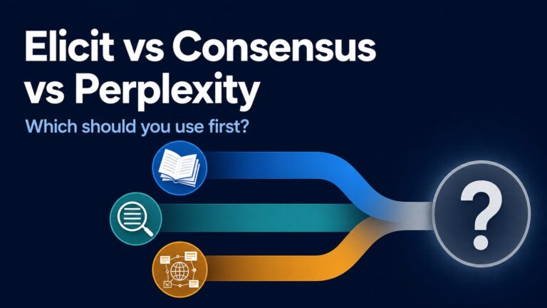 Elicit vs Consensus vs Perplexity comparison thumbnail asking which tool to use first