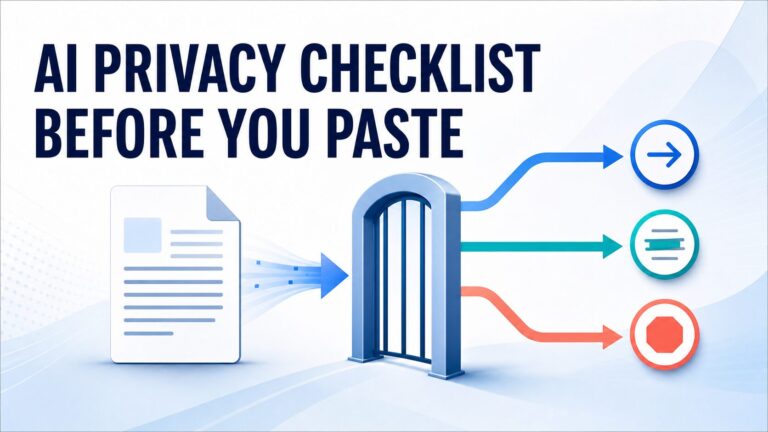AI privacy checklist thumbnail showing a document passing through a gate to proceed, redact, or stop