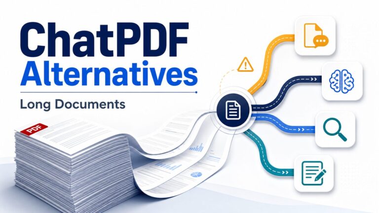 Stack of long PDF pages branching into different AI document tool paths