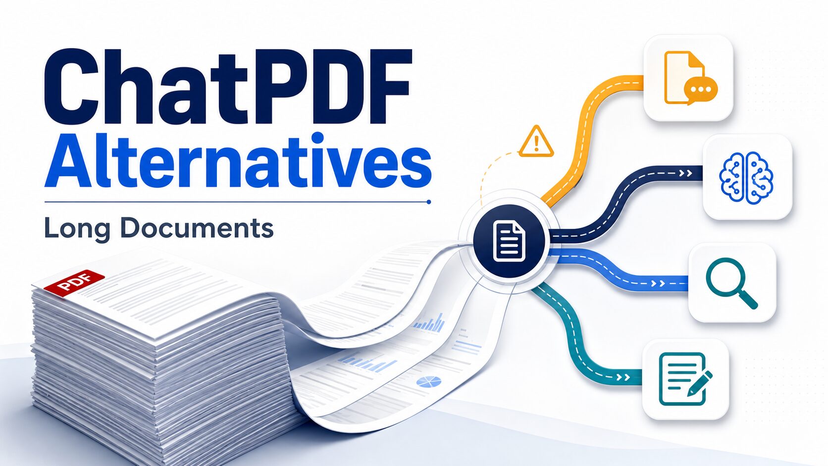 Stack of long PDF pages branching into different AI document tool paths