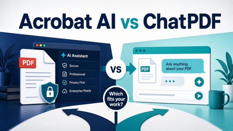 Split-screen PDF workspace comparing Acrobat AI Assistant and ChatPDF