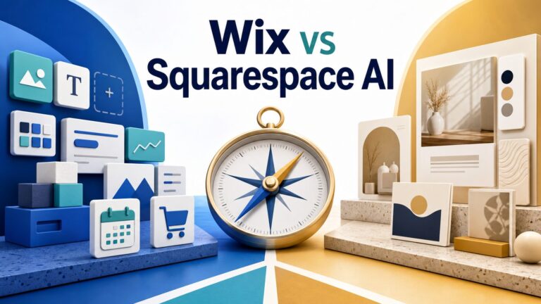 Wix vs Squarespace AI website builder thumbnail with decision compass and abstract site-building elements
