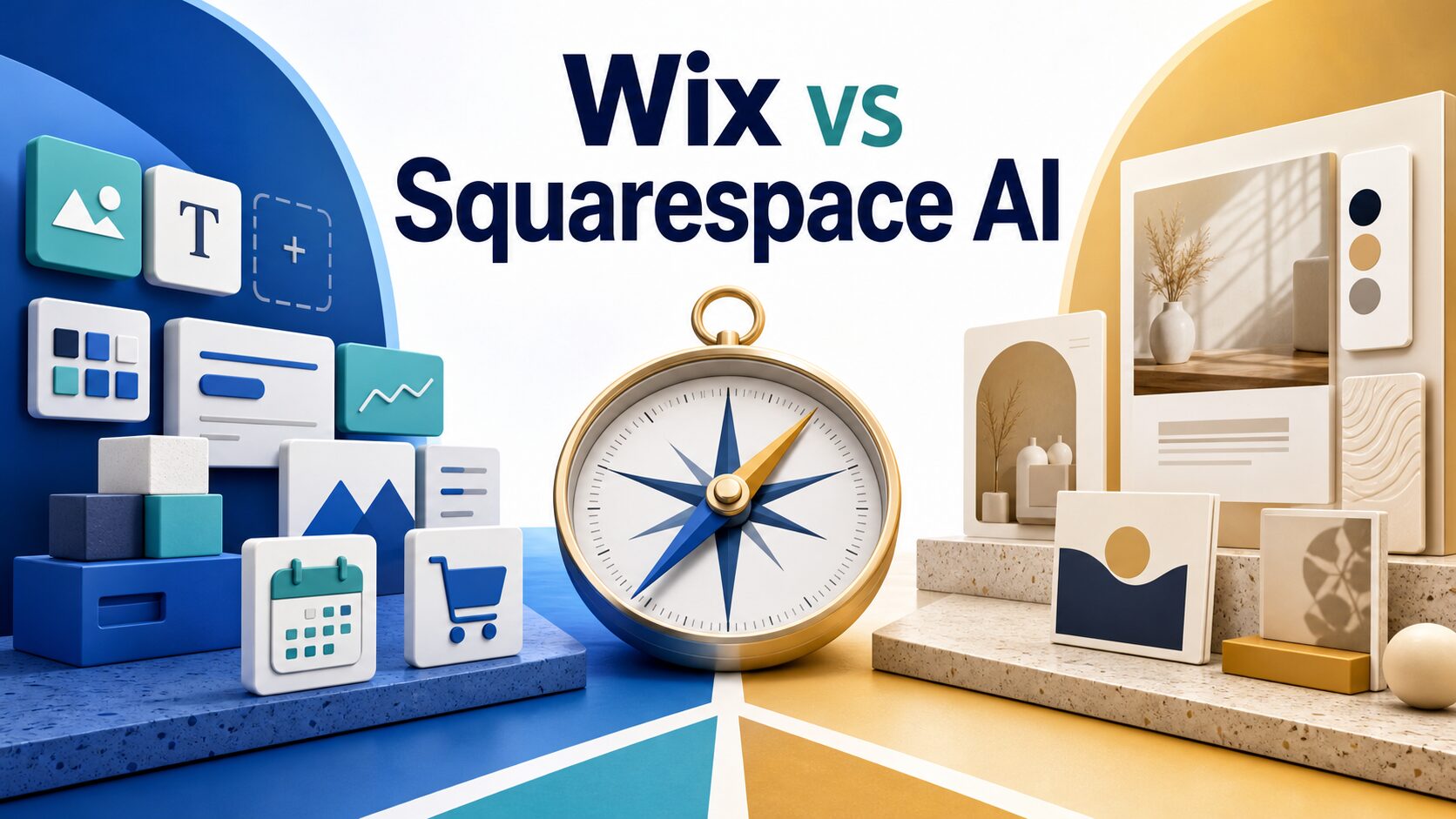 Wix vs Squarespace AI website builder thumbnail with decision compass and abstract site-building elements