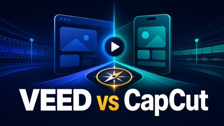 VEED vs CapCut thumbnail with abstract browser and mobile video editing paths and a decision compass