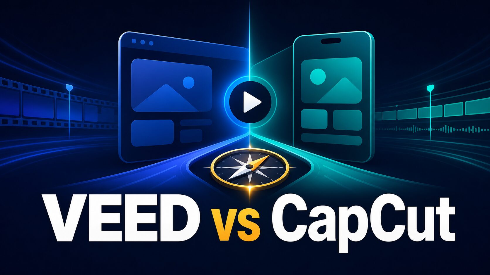 VEED vs CapCut thumbnail with abstract browser and mobile video editing paths and a decision compass
