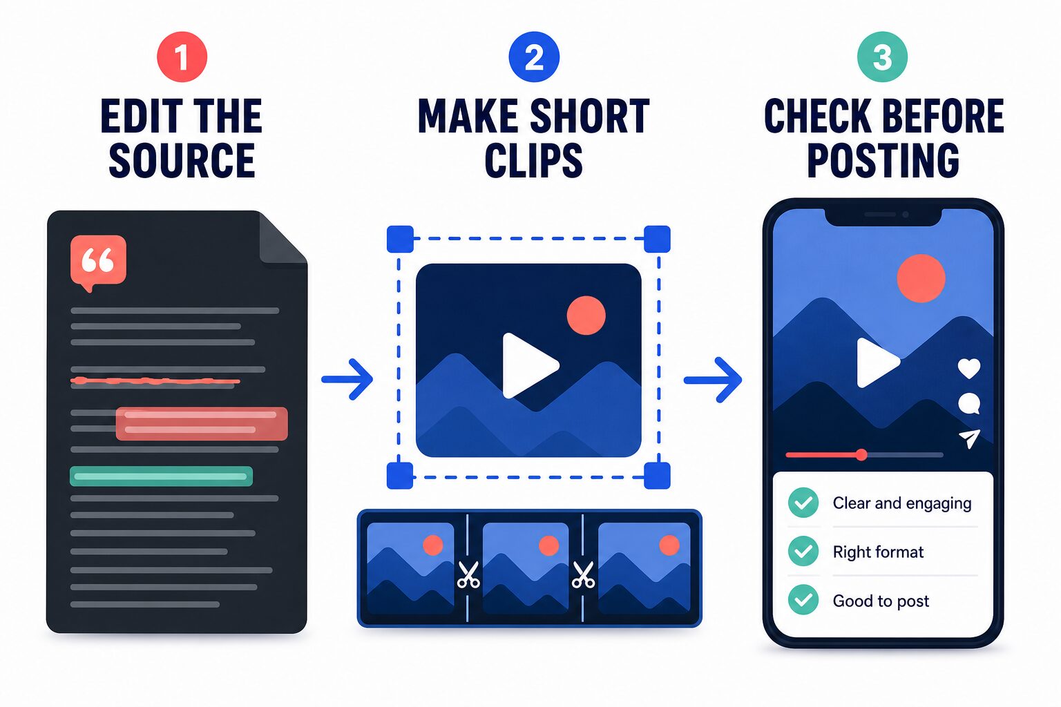 Three steps: edit the source, make short clips, and check before posting