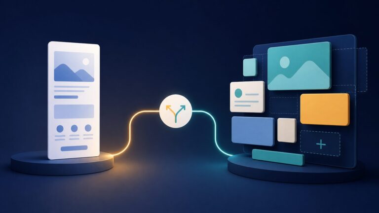 Abstract comparison of a simple one-page website and a flexible modular website canvas connected by a decision path