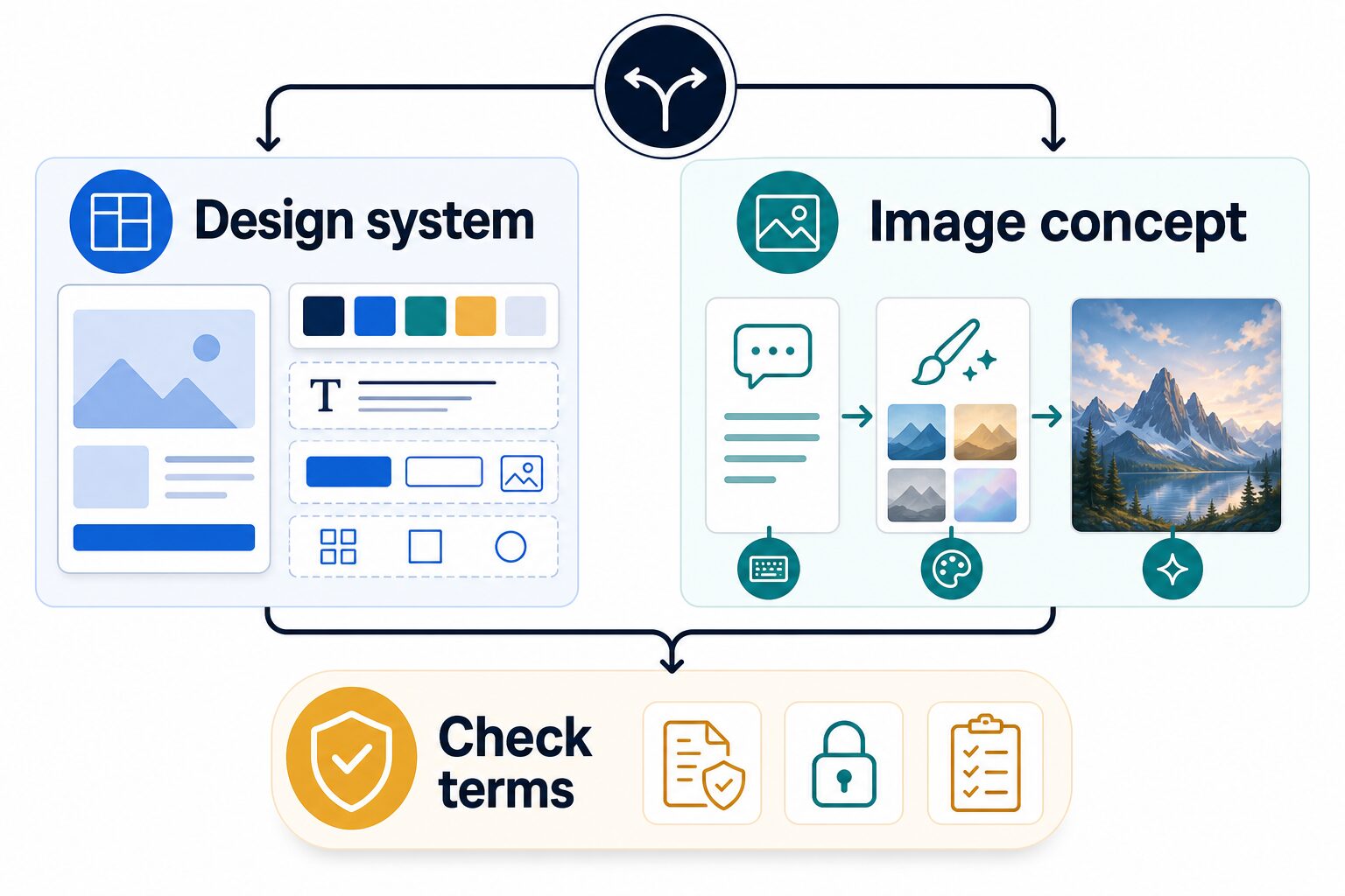Decision map comparing a design-system workflow, an image-concept workflow, and a terms-check step for blog images