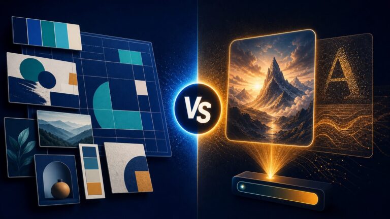 Abstract comparison of a modular design workspace and a prompt-to-image creative workflow for blog images