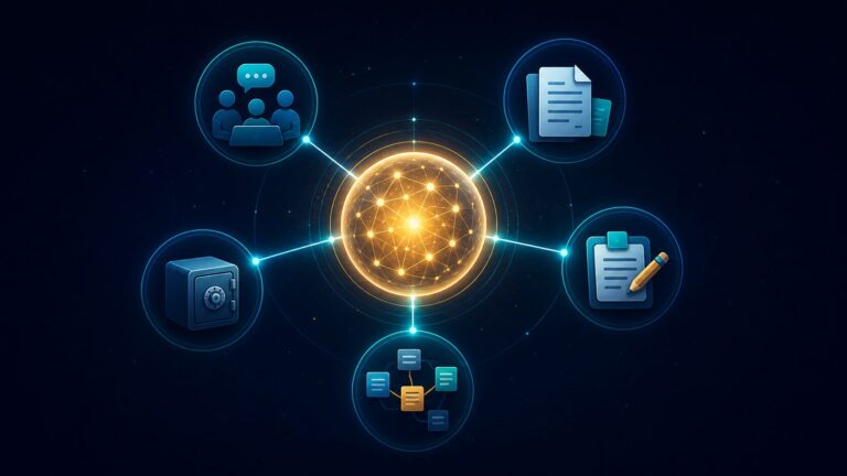 Abstract knowledge network connecting shared workspace, source documents, capture, notes, and a local vault