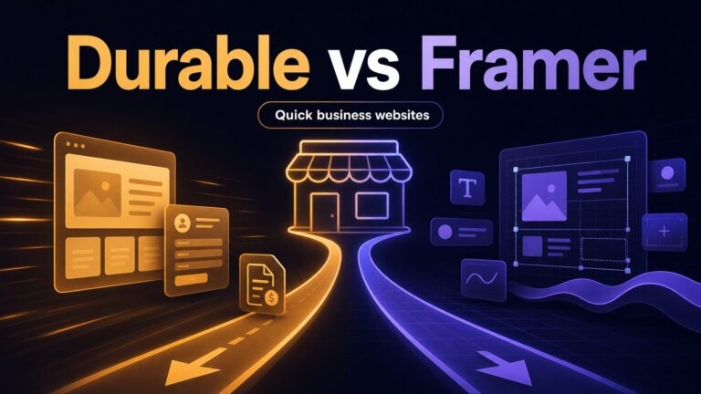 Split-path illustration for Durable versus Framer: an amber service-site path and violet design-control path meet at a small business storefront.